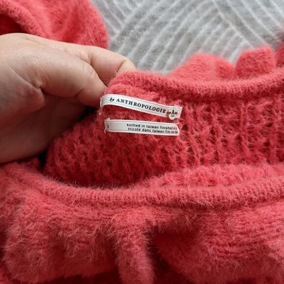 ANTHROPOLOGIE textured ruffle boat neckline off shoulder coral sweater Small - Picture 9 of 11